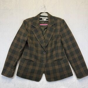 Talbots Petites Wool Blend Plaid Blazer Jacket Green Brown Size 12‎ Made in USA